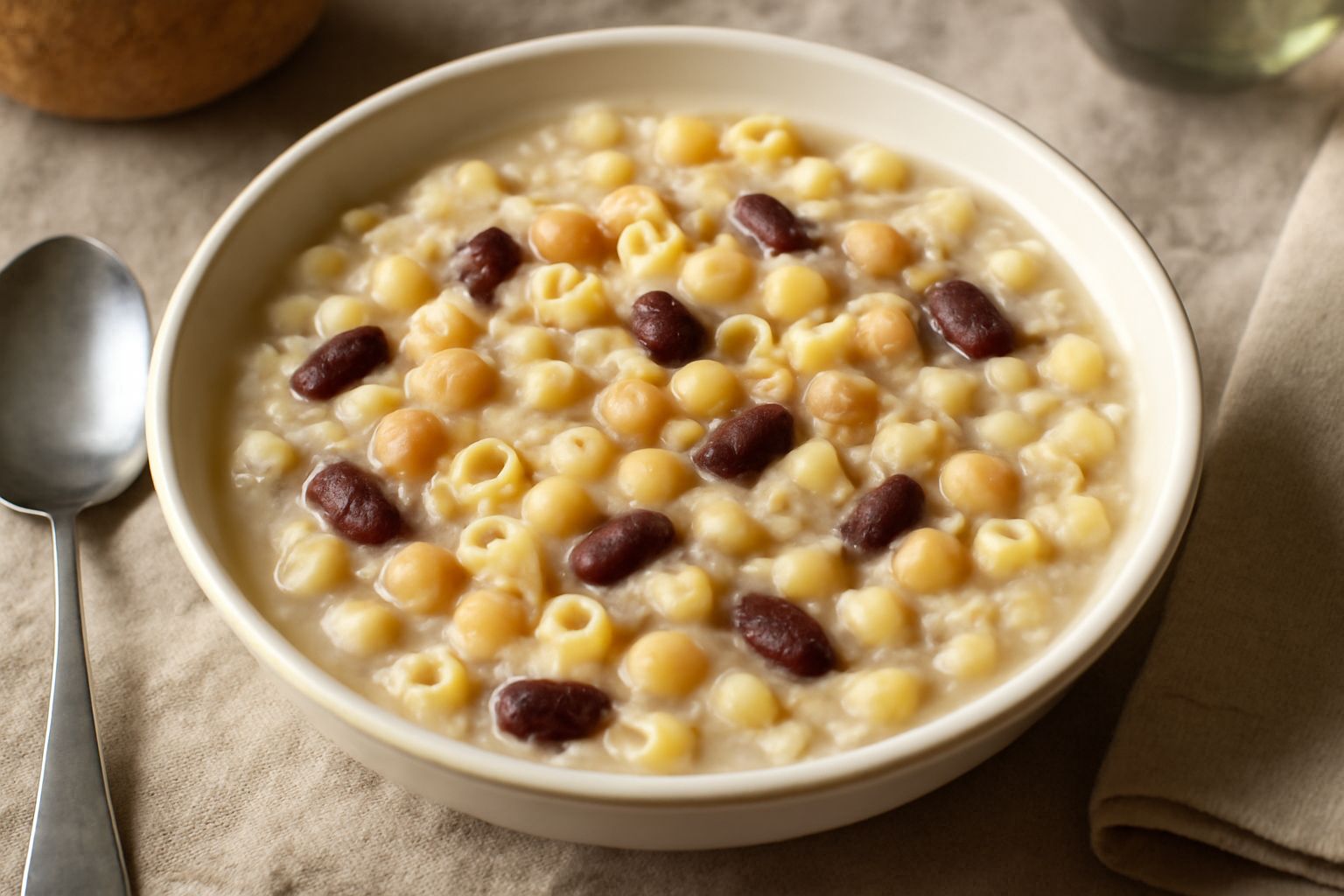 Ciotola di cialledda con pasta corta, fagioli e ceci bianchi e rossi in brodo, olio d'oliva in superficie, pane tostato accanto