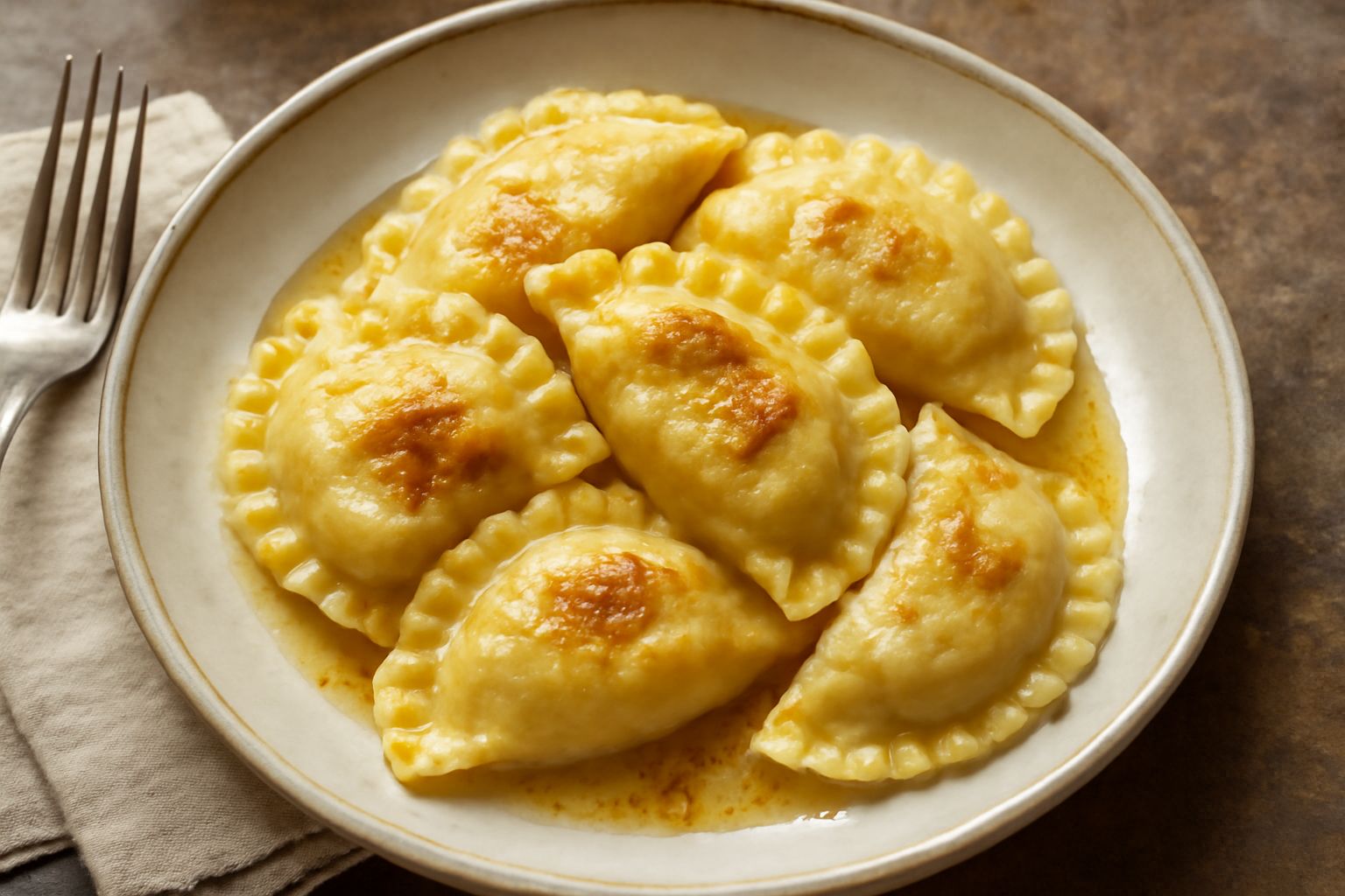 Cialzons dorati e croccanti disposti nel piatto, a forma di mezzaluna, con una spolverata di zucchero semolato, accompagnati da una salsa di panna acida.