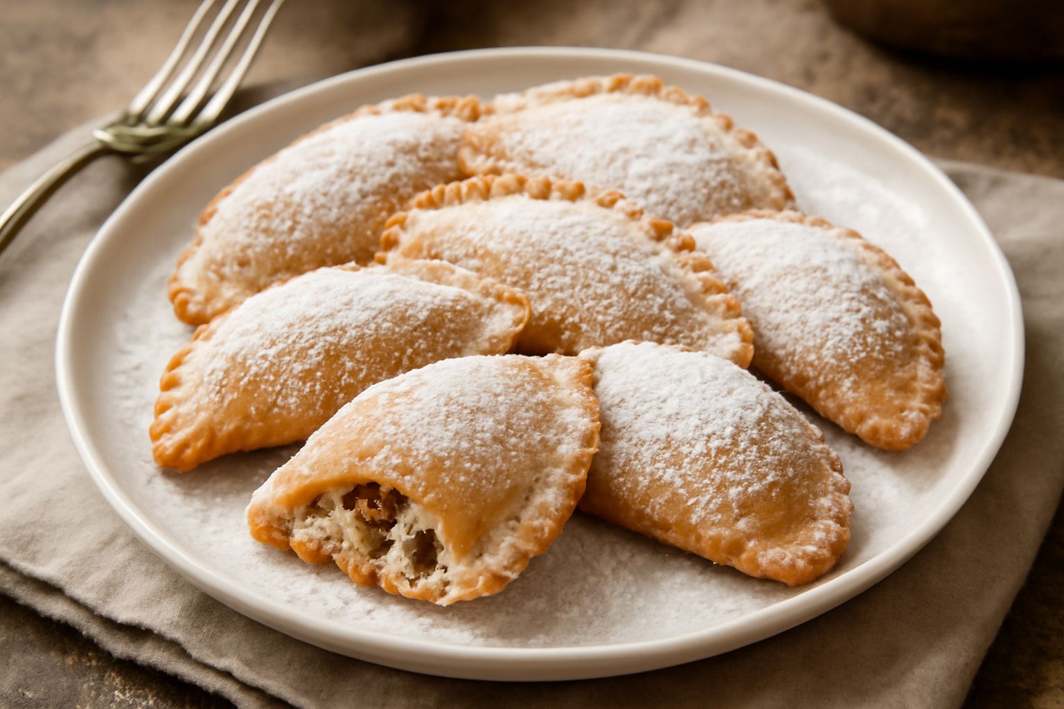 Cialzons dolci fritti dorati su un piatto bianco, ricoperti di zucchero a velo, con i bordi ondulati sigillati e una sfumatura color miele dalla frittura