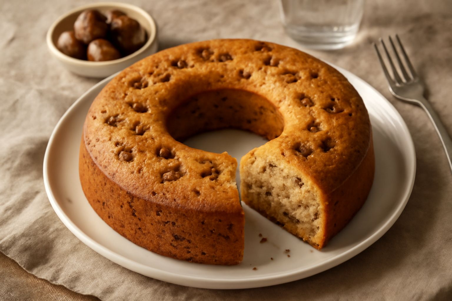 Ciambella ai marroni dorata e soffice su piatto bianco, con marroni caramellati visibili sulla superficie, contornata da foglie autunnali e una tazza di caffè