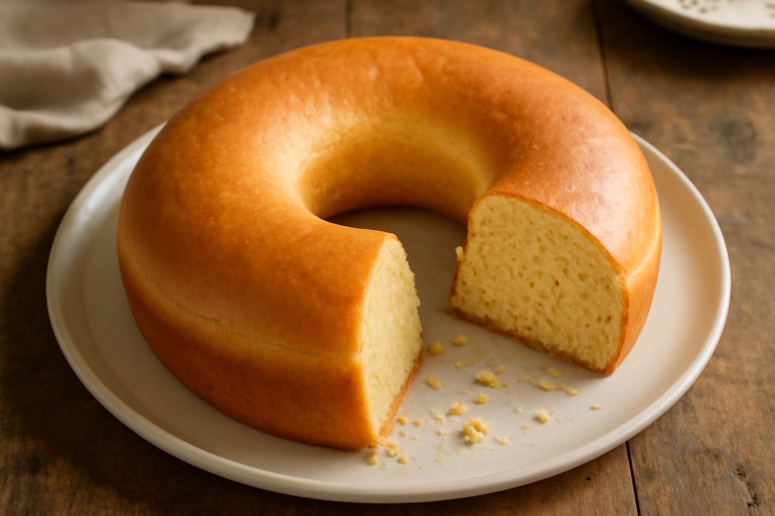 Una ciambella al forno dorata su un piatto bianco, con superficie liscia leggermente brunita, buco centrale regolare, fetta tagliata accanto che mostra la mollica soffice e uniforme di colore giallo c