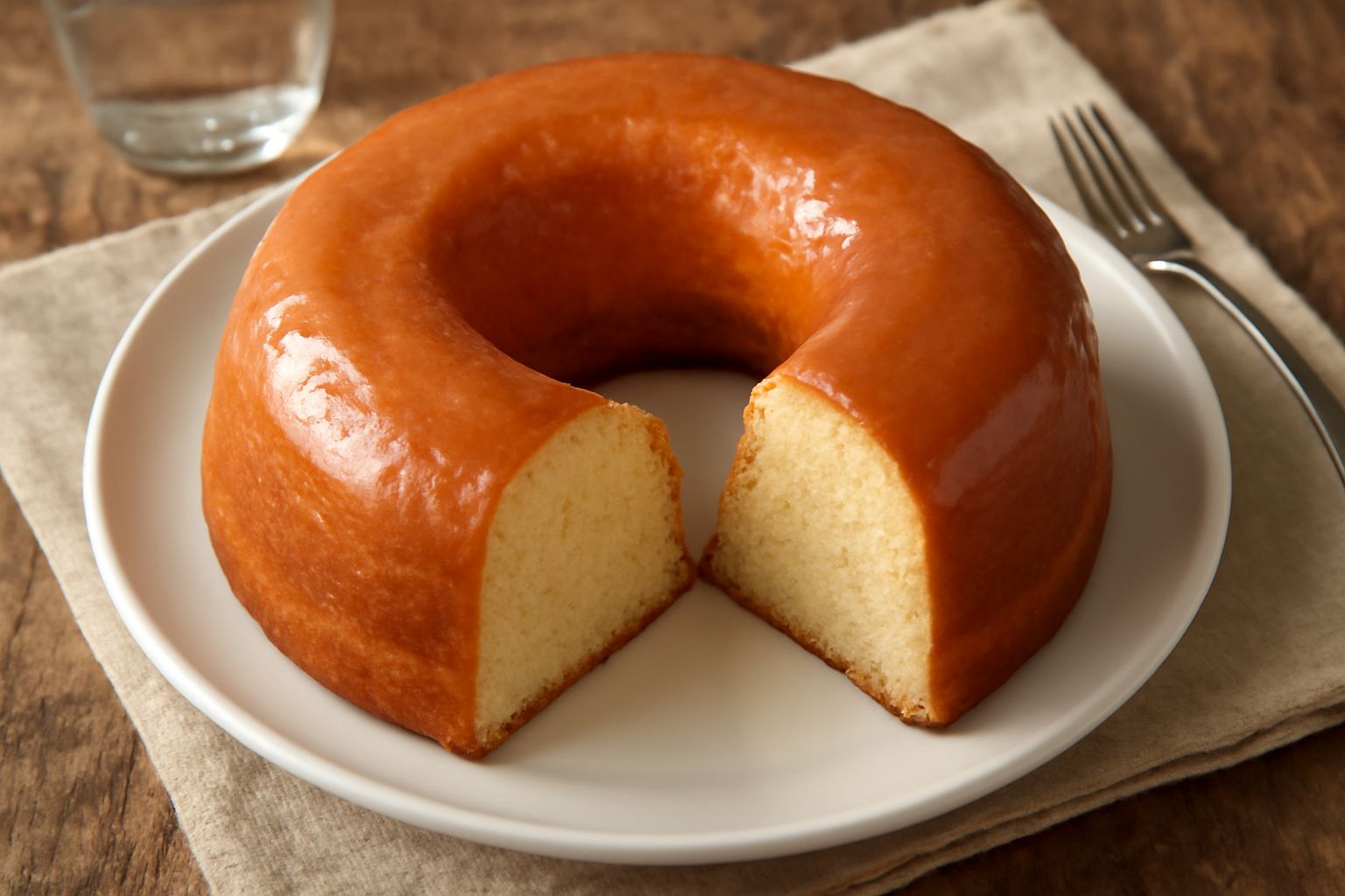 Ciambella al vino dorata posata su un piatto bianco, con la forma a ciambella perfetta, glassa trasparente sulla superficie, taglio visibile che mostra l'interno soffice e omogeneo color crema, accant