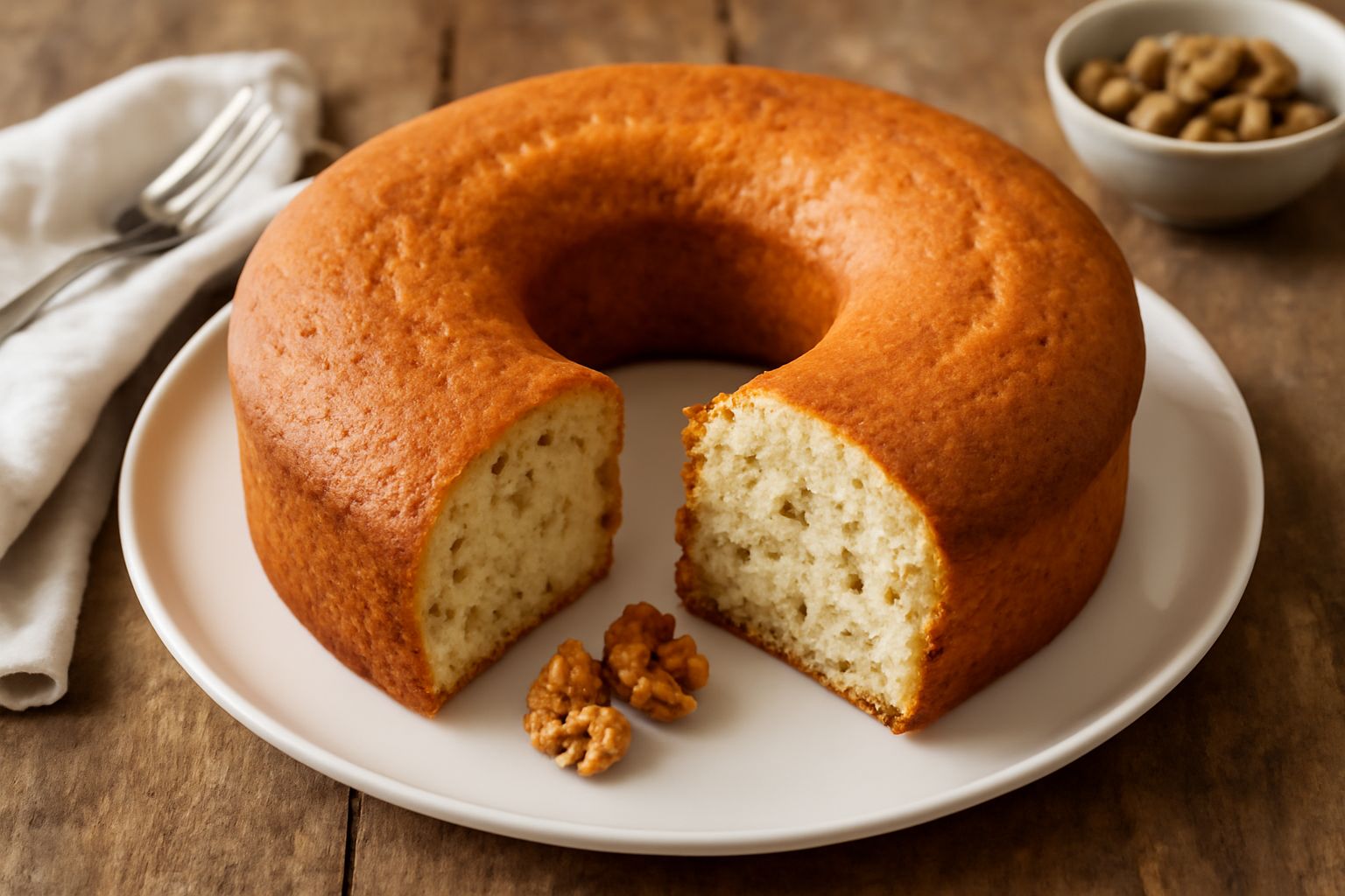 Ciambella alle noci su piatto bianco, forma anulare dorata, con piccoli frammenti di noci visibili in superficie, crumb setoso color avorio, affettata con una fetta adagiata accanto
