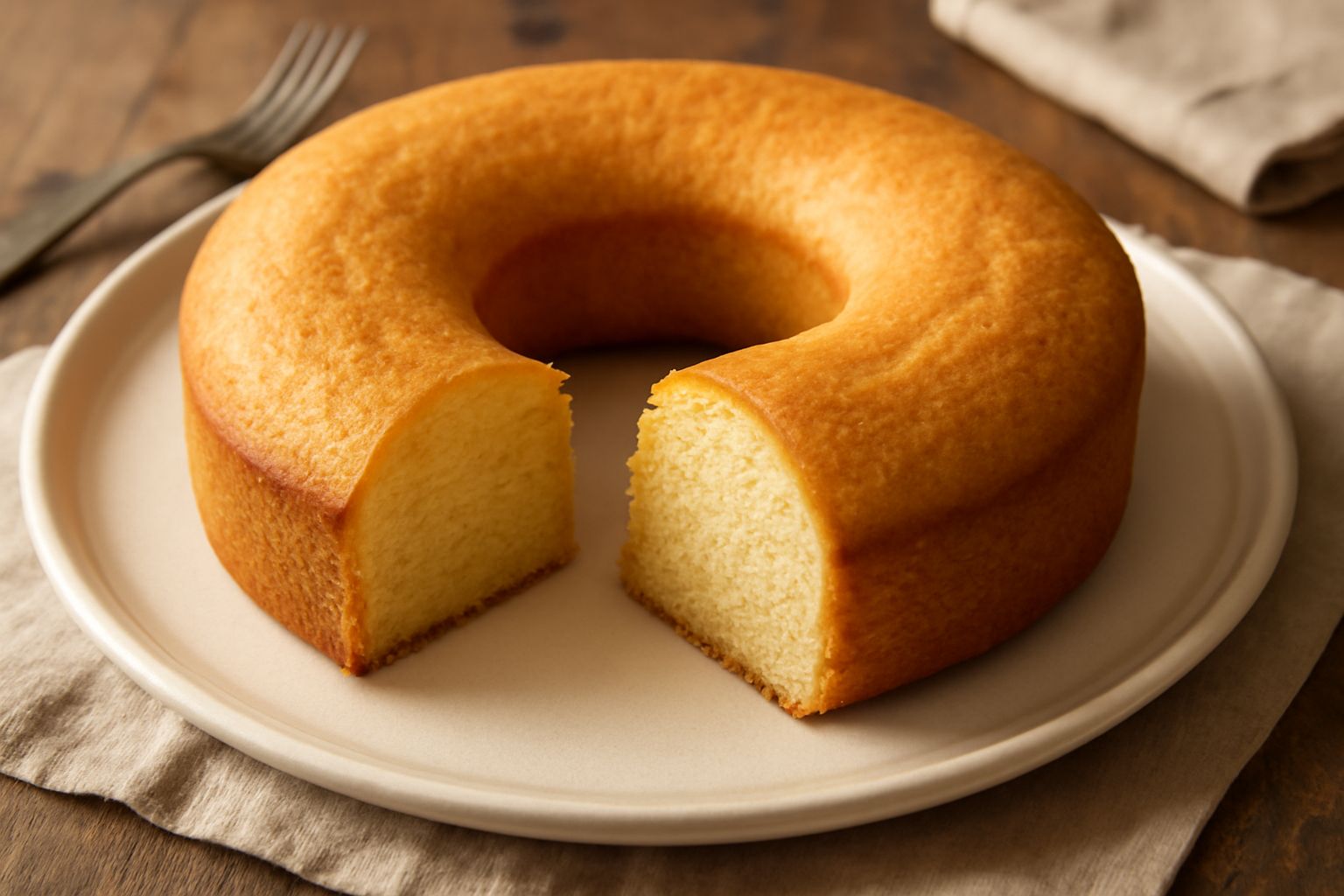 Ciambella rotonda di colore dorato chiaro su piatto bianco, taglio netto che mostra la mollica soffice e omogenea, non glassata, con bordo croccante in superficie