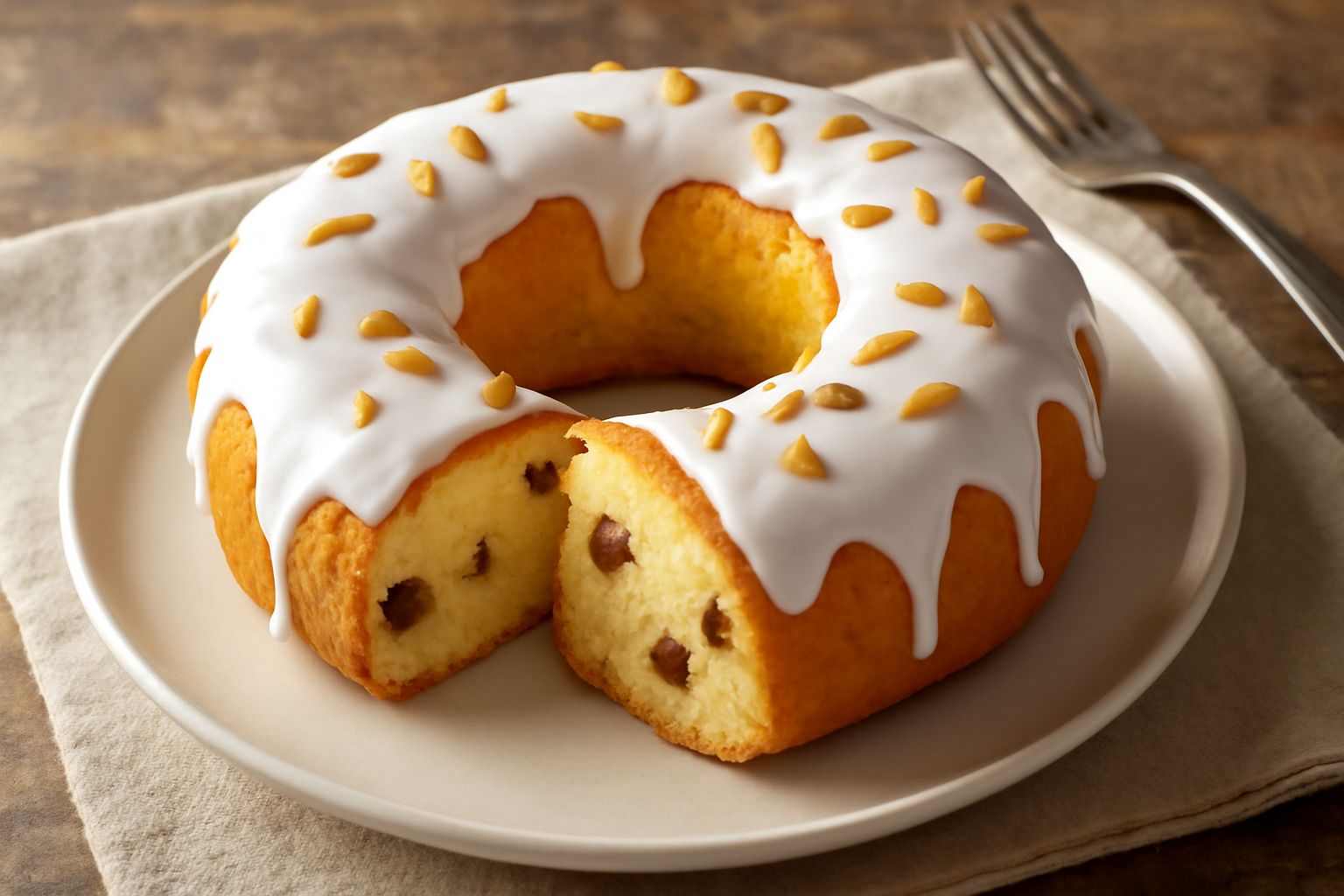 Ciambella tonda di colore dorato con glassa bianca, guarnita di pinoli e piccoli cristalli di zucchero, su un piatto bianco. Fetta aperta che mostra la molica soffice e gli spicchi di uvetta.