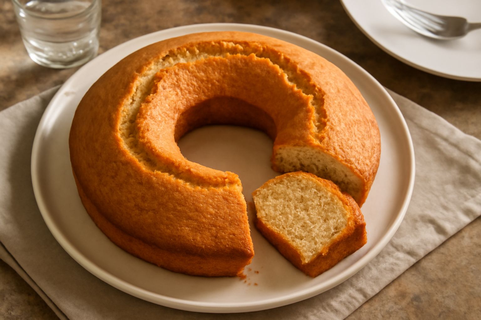 Ciambella di Mantova di forma circolare ad anello, dorata in superficie, seduta su un piattino bianco, con fetta tagliata che mostra l'interno soffice e uniforme color panna, accanto una tazza di caff