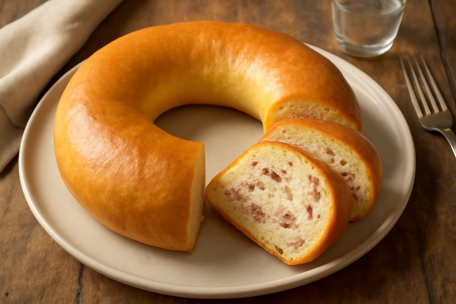 Una ciambella dorata a forma di anello su un piatto bianco, con superficie liscia e leggermente lucida, tagliata a fette che mostrano la molla soffice interna di colore giallo paglierino, circondata d