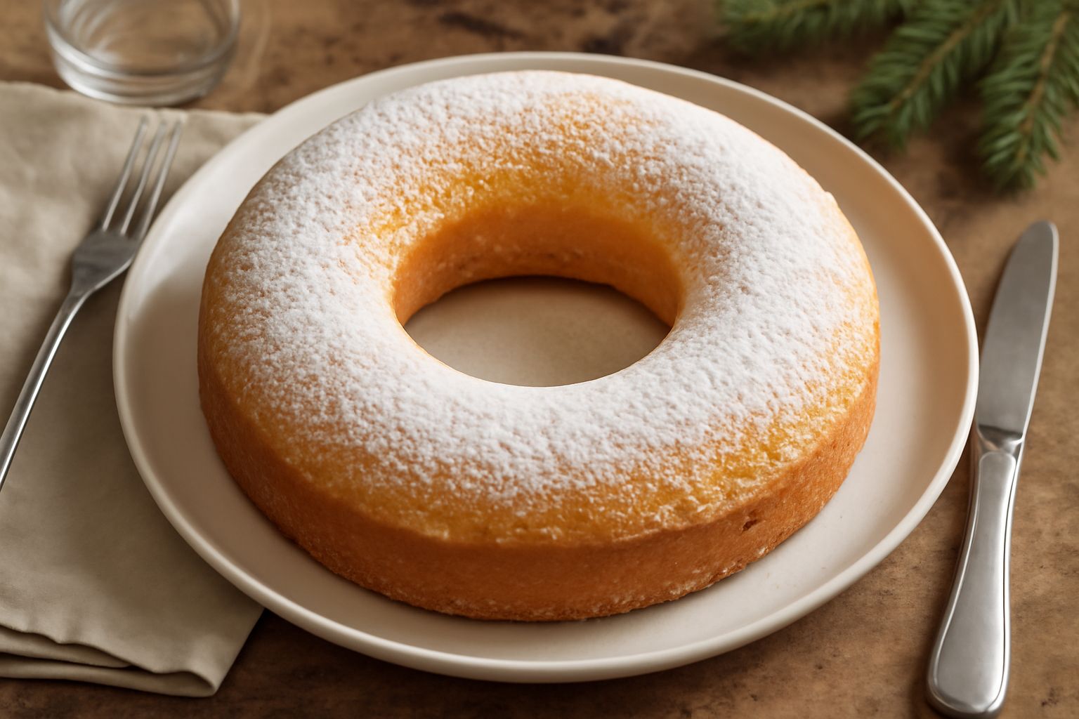Ciambella di Natale dorata a forma di anello su piatto bianco, glassata leggermente, con anice stellato e stecca di cannella accanto, sfondo scuro natizio
