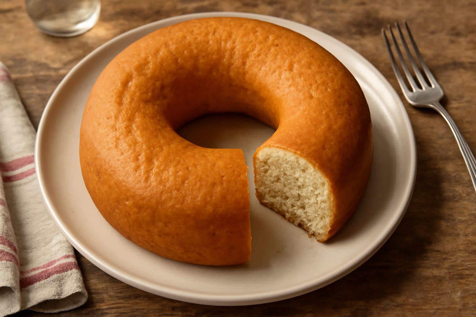 Una ciambella di pepe color oro dorato appena sfornata, con forma ad anello regolare, superficie liscia e leggermente screpolata, servita su un piatto bianco con una tazza di caffè scuro accanto