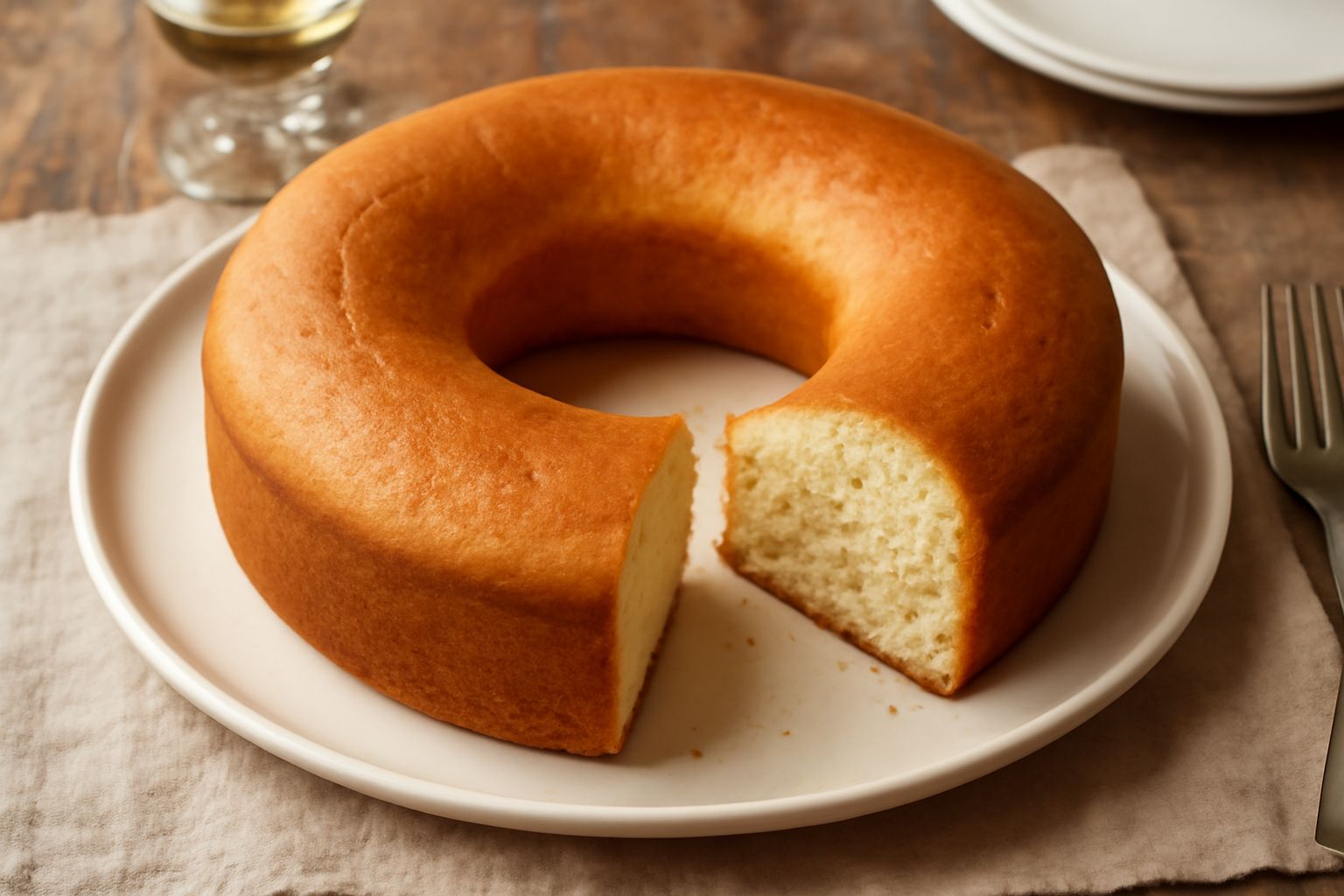 Ciambella di Rieti dorata disposta su un piatto bianco, dal taglio visibile che mostra l'interno morbido color avorio con striature dorate, profilo arrotondato e superficie liscia e lucida