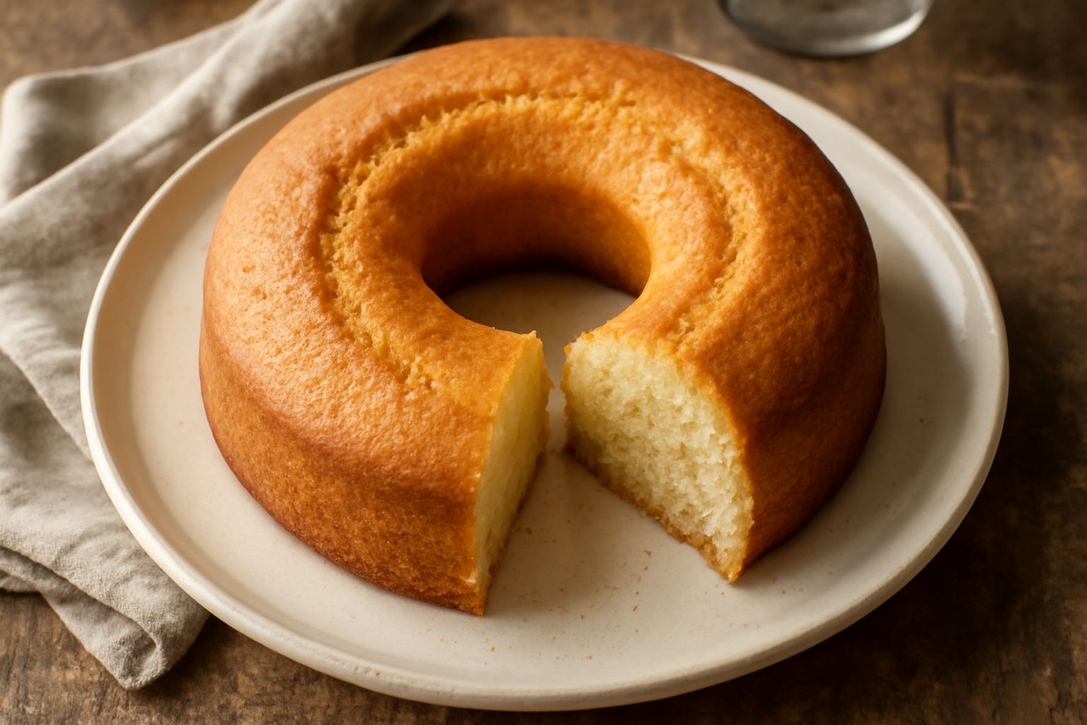 Una ciambella dorata di forma circolare con buco al centro, superficie liscia leggermente rigonfia, posata su un piatto bianco con una leggera spolverata di zucchero a velo