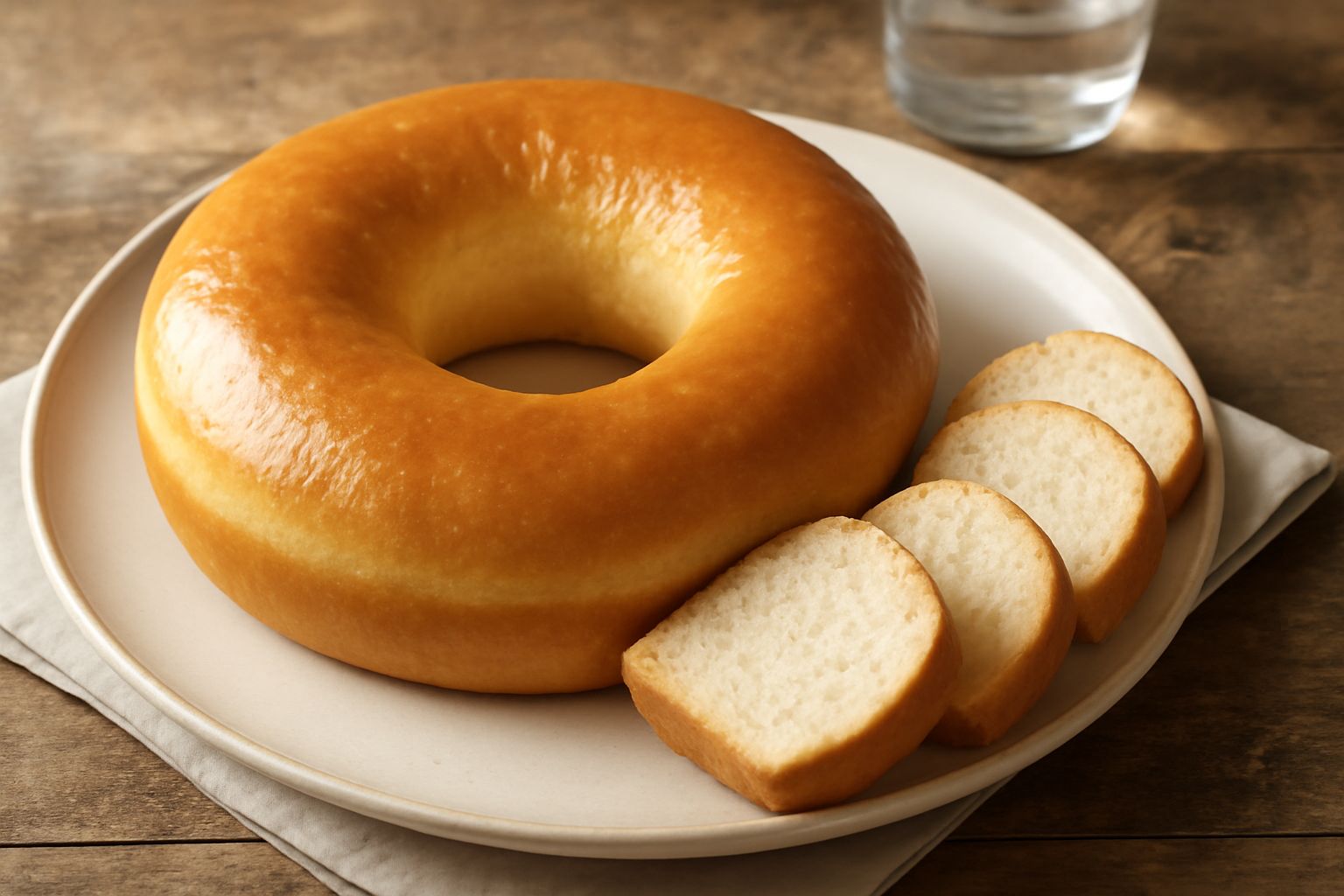 Ciambella di semola dorata, tonda con foro centrale, poggiata su un piatto bianco, vista dall'alto. Crosta giallo intenso, superficie liscia e lucida, intera e intatta