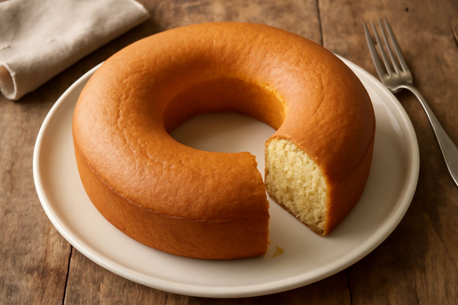 Ciambella di Sezze dorata con superficie liscia e regolare, forma di anello perfetto, poggiata su piatto di ceramica bianca con fondo in legno naturale