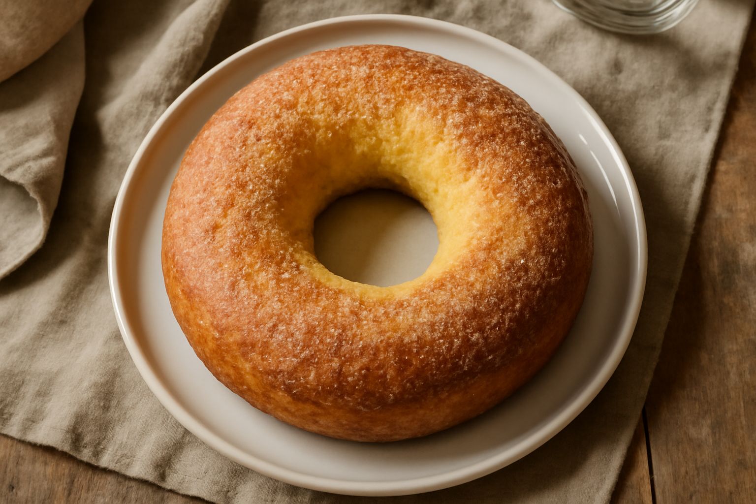 Ciambella di Terni dorata con forma di anello perfetto, appoggiata su un piatto bianco, con uno strato zuccherato brillante in superficie e profumata da buccia d'arancia grattugiata, accanto a una taz