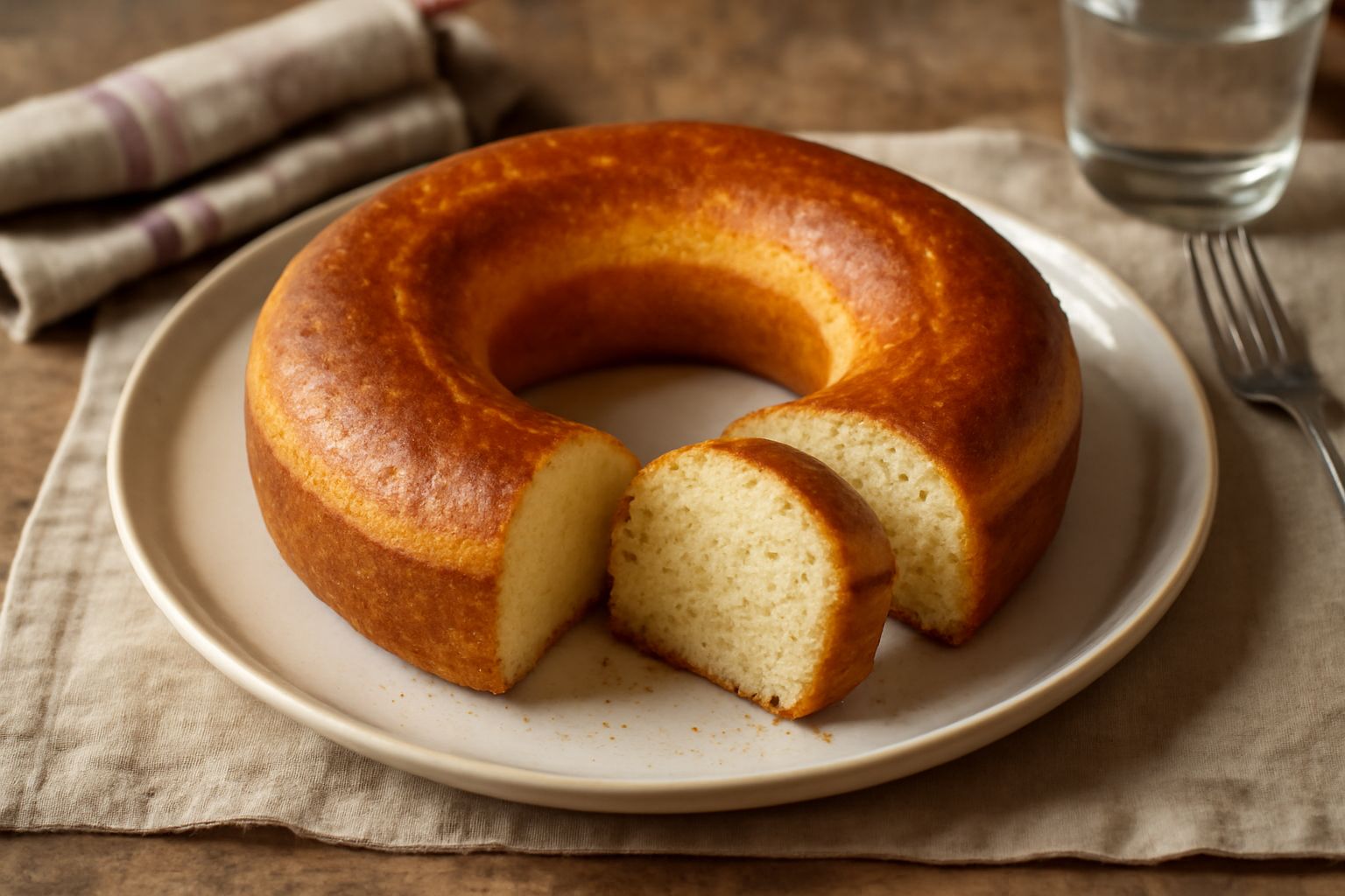 Ciambella dolce aquilana color oro su un piatto bianco, forma regolare con buco centrale, superficie liscia e brillante, fetta tagliata che mostra l'interno soffice