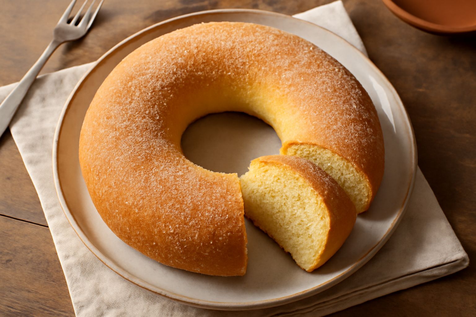 Ciambella dolce aretina dorata a forma di anello su piatto bianco, con crosta croccante dorata e mollica visibilmente soffice al taglio, guarnizione di zucchero semolato sulla parte superiore