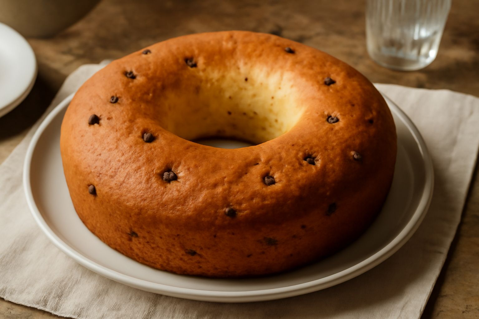 Ciambella dolce avellinese dal colore dorato, a forma di ciambellone, tagliata a fette che mostrano alveolatura soffice, con uvetta e canditi visibili, servita su piatto bianco con caffè accanto