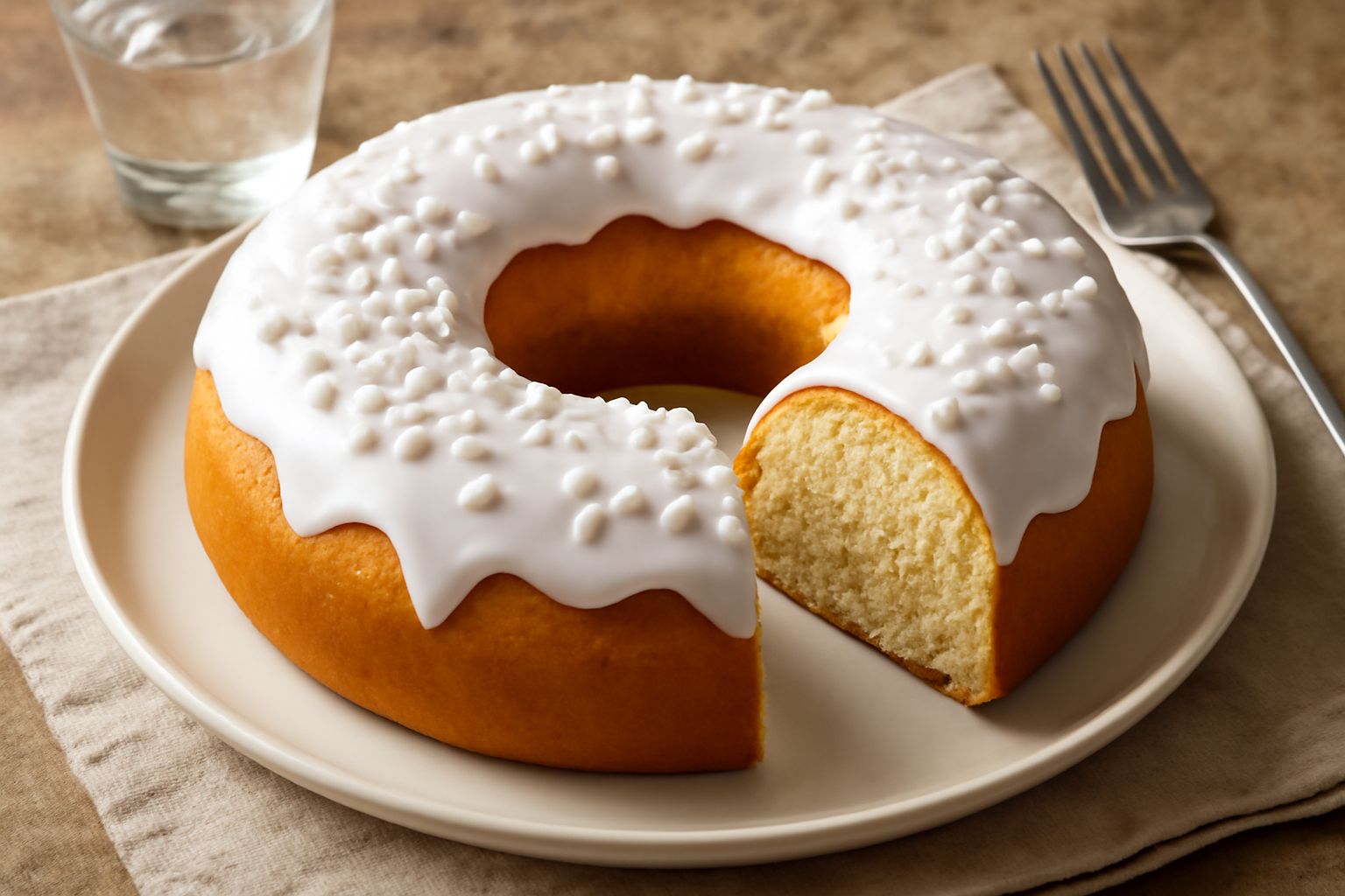 Ciambella dolce rotonda di colore dorato, glassata di bianco, con granella di zucchero, poggiata su piatto bianco, vista dall'alto, sfondo neutro