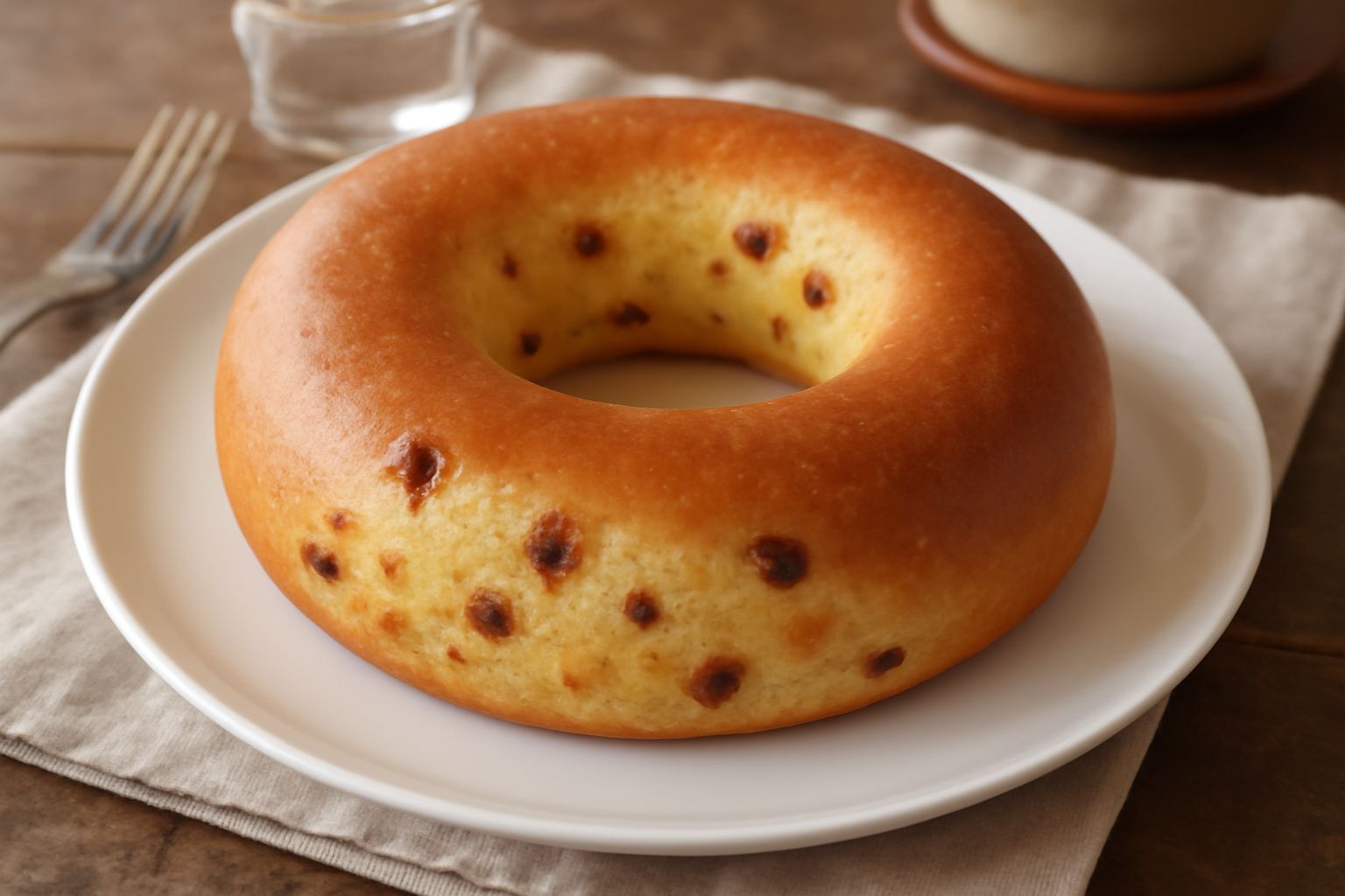 Ciambella dolce rodigina intera su piatto bianco, con buco al centro, mollica giallo paglierino alveolata e visibili pezzetti di uvetta scura e canditi gialli, leggera spolverata di zucchero a velo su