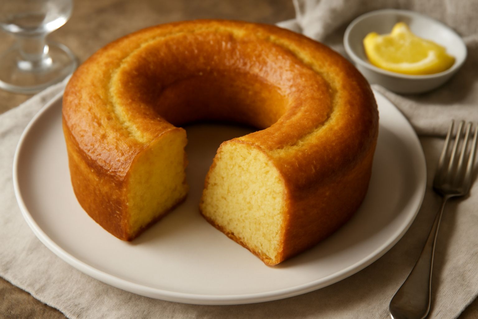 Ciambella dolce rotonda di colore dorato, posizionata su un piatto bianco, tagliata a metà per mostrare la mollica morbida e gialla chiaro con fini bolle di aria, circondata da fette di limone fresco