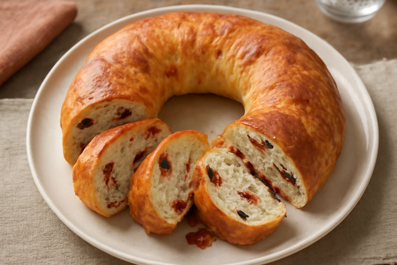 Ciambella salata sorrentina di forma tonda e regolare, con crosta dorata, tagliata in fette che mostrano l'interno morbido con pomodori secchi rossi, olive nere e formaggio filante, disposta su un pia