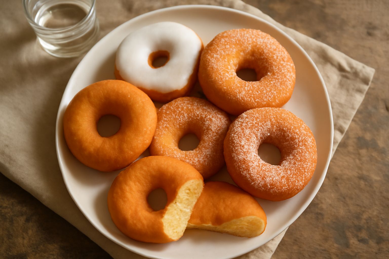 Ciambelle dorate e lisce disposte su un piatto bianco, con glassa zuccherata parziale su alcuni esemplari, dusting di zucchero a velo, sfondo neutro
