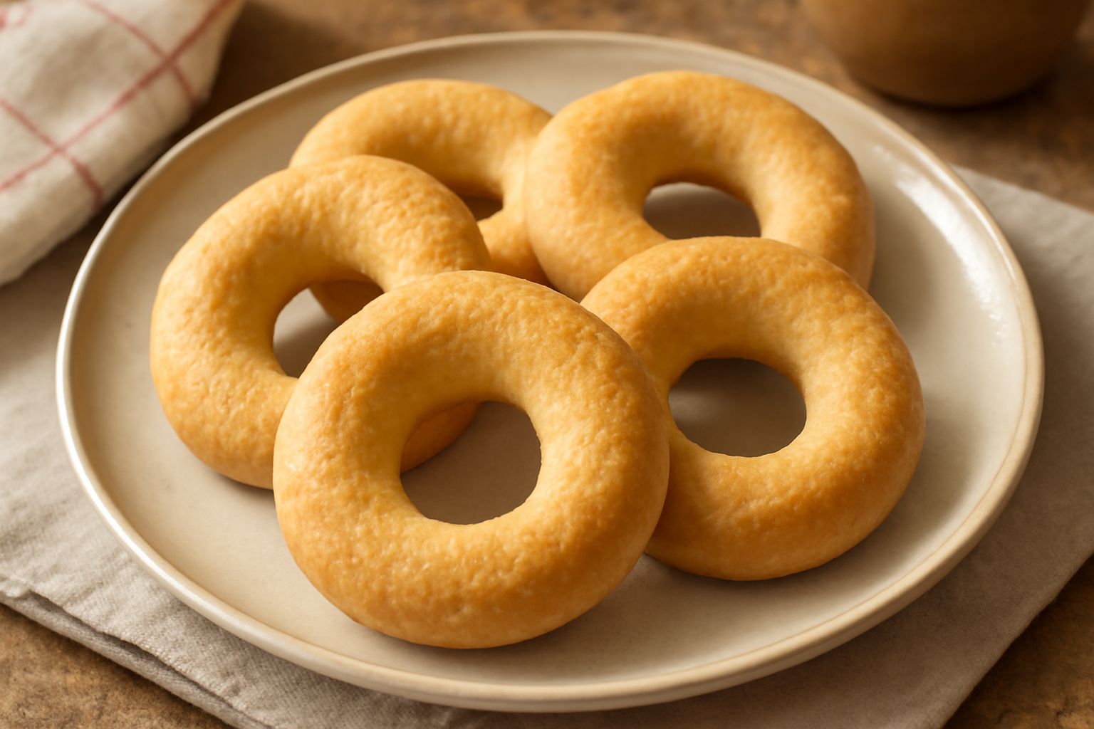 Ciambelle dorate e lucide appena sfornate, disposte su una griglia di raffreddamento, con una leggera patina di zucchero sulla superficie e un colore bruno chiaro uniforme