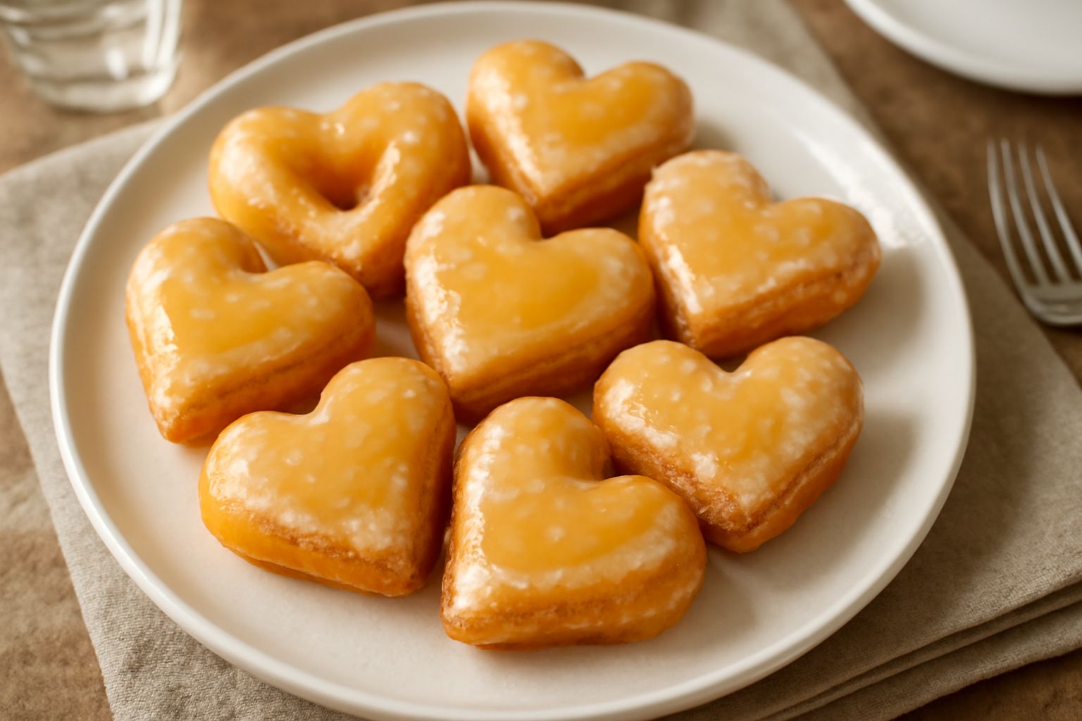 Ciambelle dell'amore dorate e fragranti a forma di cuore ricoperte di glassa bianca e zucchero a velo, disposte su carta bianca con gocce di limone fresco