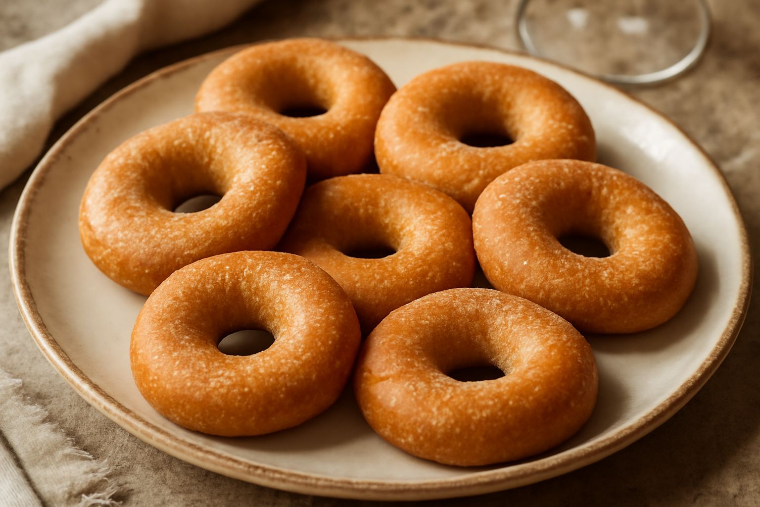 Ciambelle di mosto dorate e soffici, disposte su un vassoio di legno, con una leggera spolverata di zucchero semolato e una tazza di caffè caldo sullo sfondo