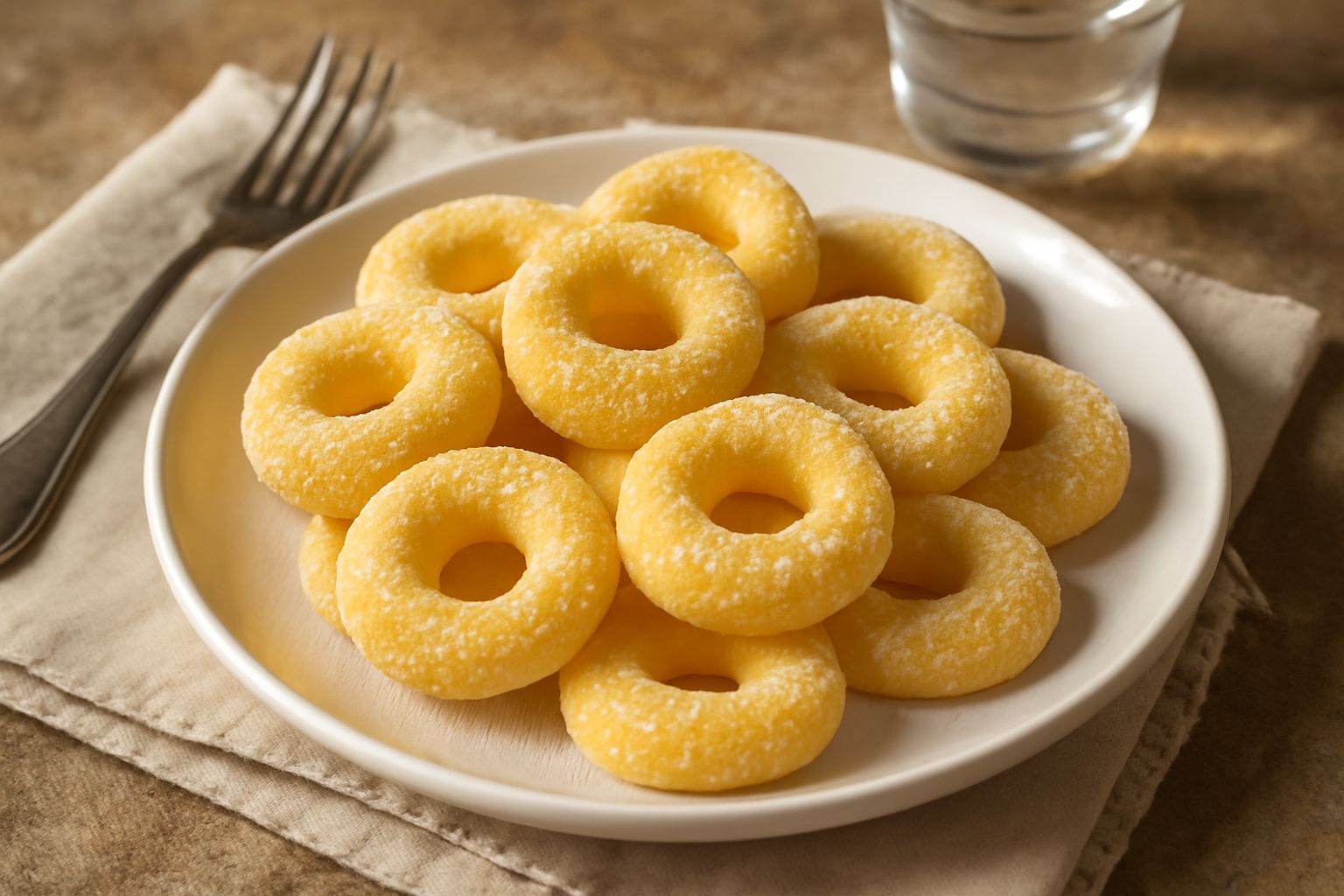 Ciambelle di polenta dorate e fragranti disposte su un piatto bianco, con superficie croccante e colore giallo dorato, infarinate di zucchero semolato.