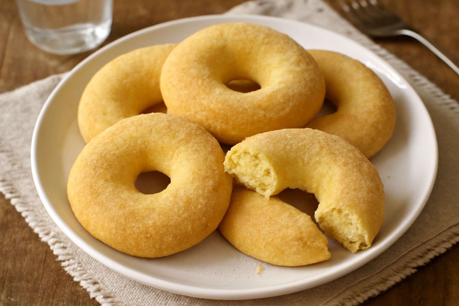 Ciambelle di semola dorate e rotonde disposte su un piatto bianco, dalla superficie irregolare e porosa, con una tazza di caffè sfuocato sullo sfondo
