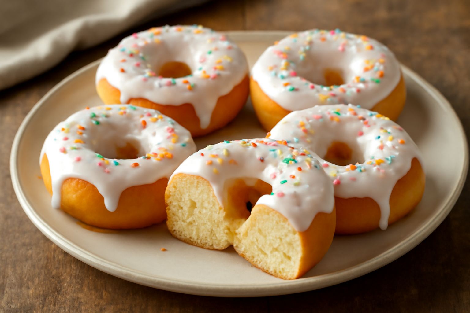 Ciambelle dolci dorate e rotonde con glassa bianca lucida, disposte su piatto bianco, alcune con zucchero colorato, fondo sfocato neutro