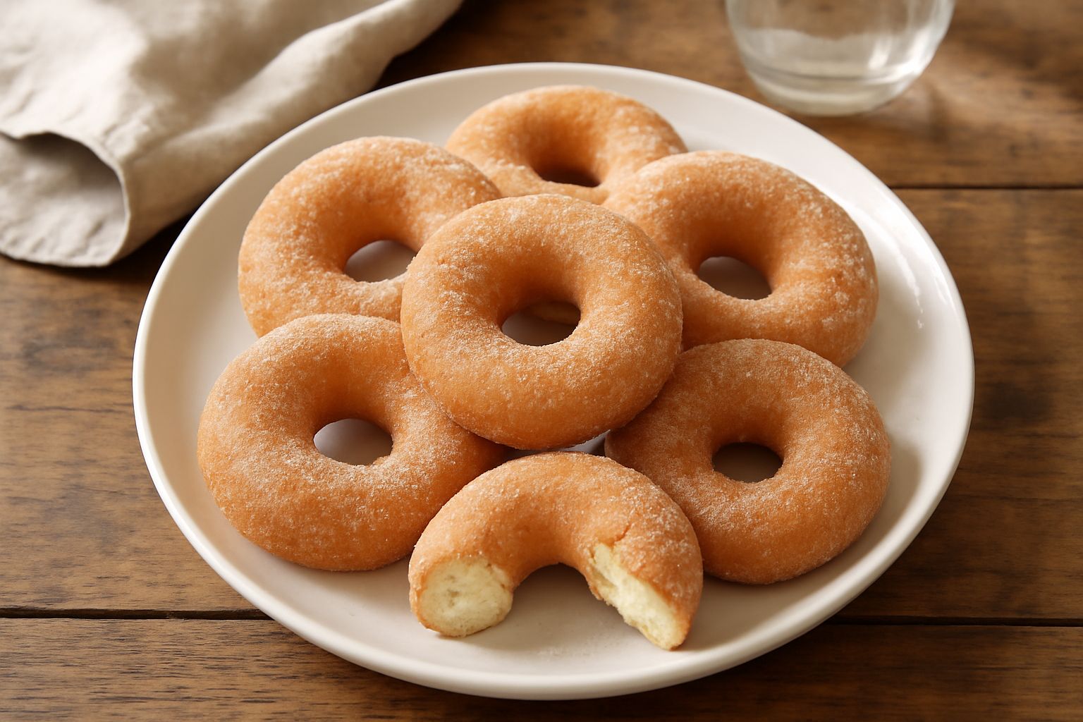 Ciambelle salentine dorate e croccanti cosparse di zucchero semolato, disposte su un piatto bianco con una tazza di caffè accanto