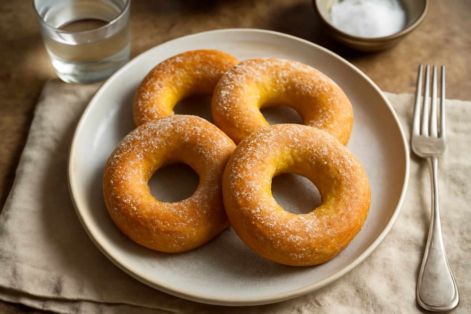 Ciambelle trentine dorate disposte su un piatto bianco, forma ad anello, superficie lucida e leggermente croccante, spruzzi di zucchero semolato visibili