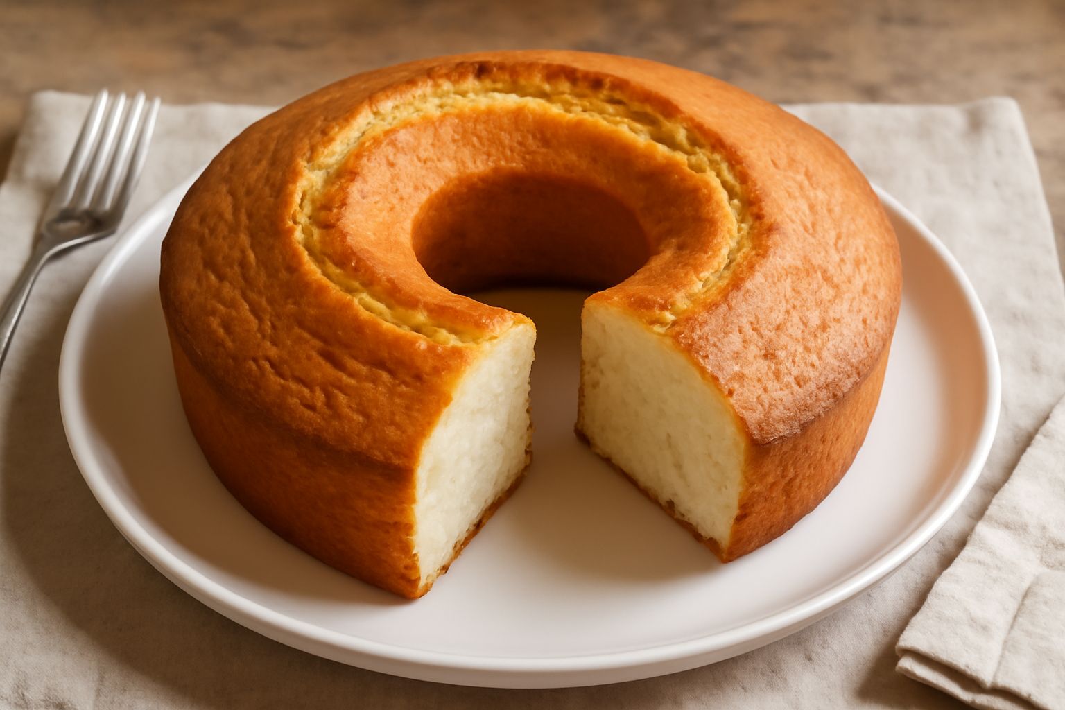 Un ciambellone appena sfornato su un piatto bianco: forma a ciambella, colore dorato uniforme, superficie leggermente rugosa, contornato da una tazza di caffè e fetta di limone fresco