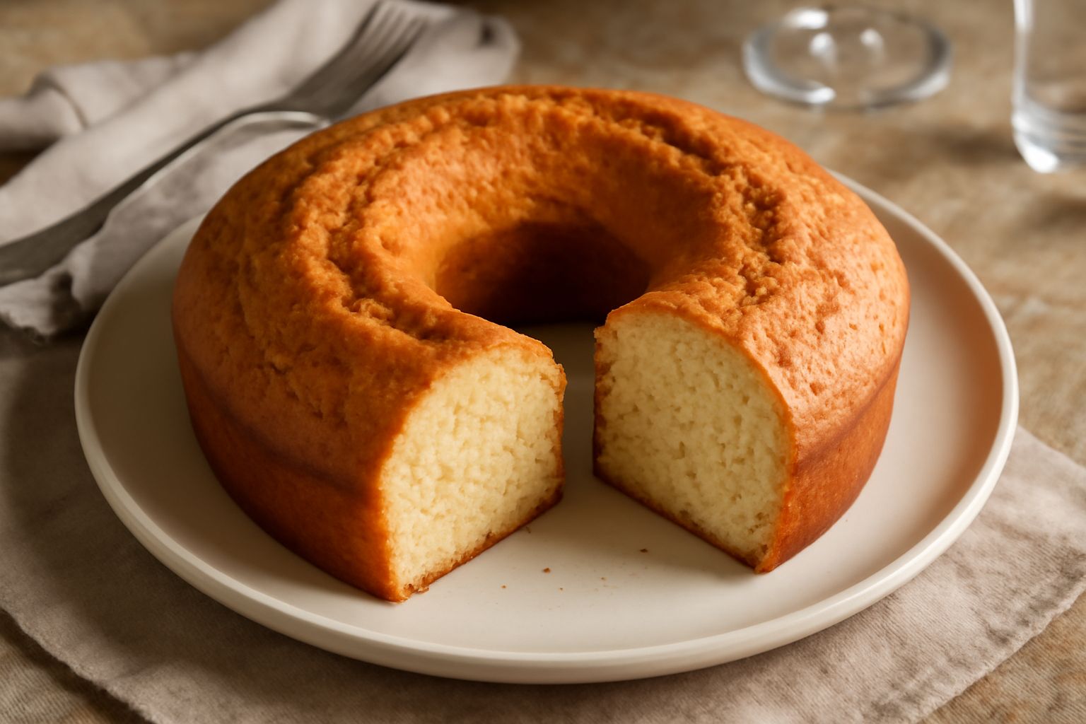 Ciambellone a forma di anello con crosta dorata, sezione visibile che mostra una mollica chiara e soffice, spolverato leggermente di zucchero a velo, impiattato su un piatto bianco con una tazza di ca