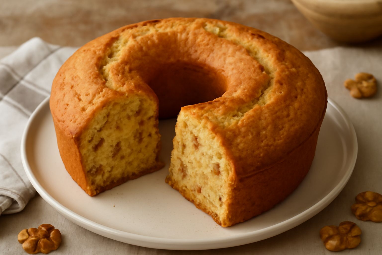 Ciambellone alle noci appena sfornato, forma a ciambella con buco centrale, superficie dorata e screpolata, noci visibili nella mollica, posato su piatto bianco con caffè accanto