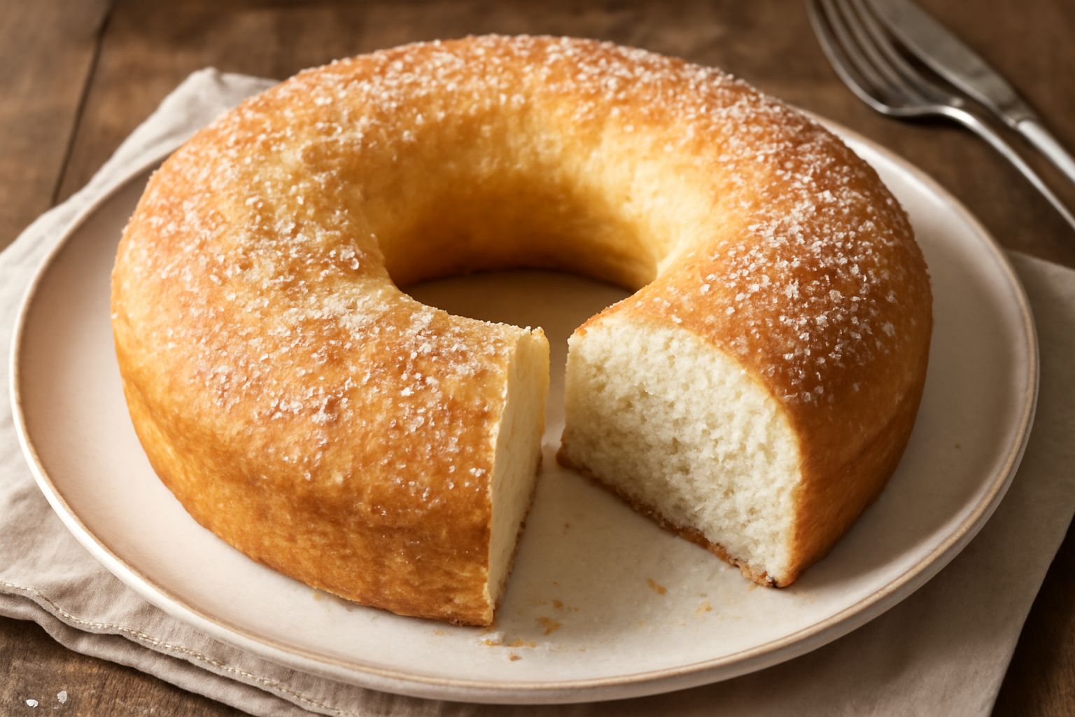 Ciambellone marchigiano intero su piatto bianco, forma a ciambella perfetta, superficie beige dorato, fetta tagliata che mostra la mollica bianchissima e soffice, guarnizione con zucchero semolato