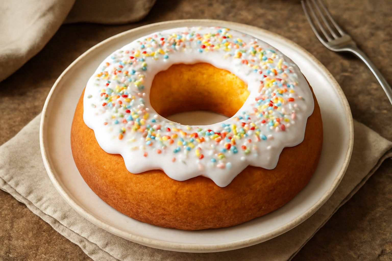 Ciambellone siciliano dorato a forma di ciambella con buco centrale, glassa bianca e spruzzi colorati di zucchero, affettato per mostrare la miga soffice e uniforme, su un piatto bianco
