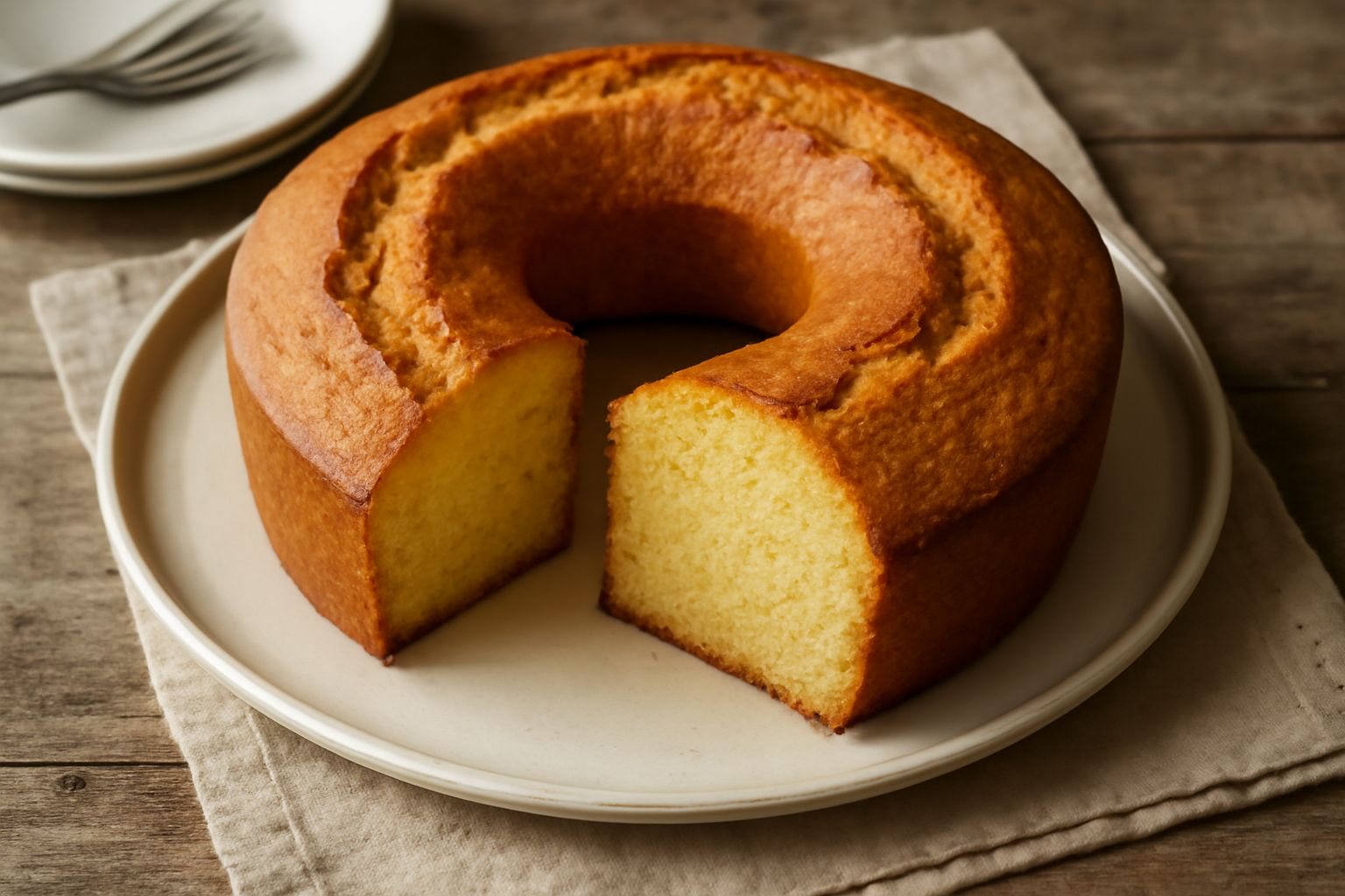 Ciambellone dorato e intero su un piatto bianco, tagliato a metà per mostrare la mollica uniforme e soffice, con una tazza di caffè di lato