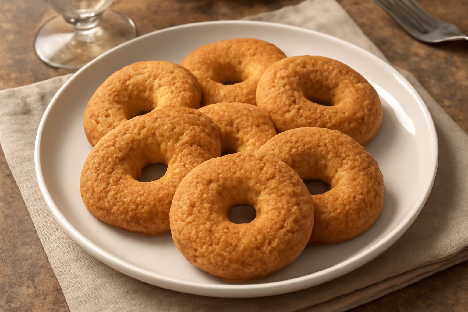 Ciambellotti dorati disposti su un piatto bianco, forma rotonda e schiacciata, superficie rugosa e croccante, colore marrone chiaro uniforme, accanto una tazza di caffè