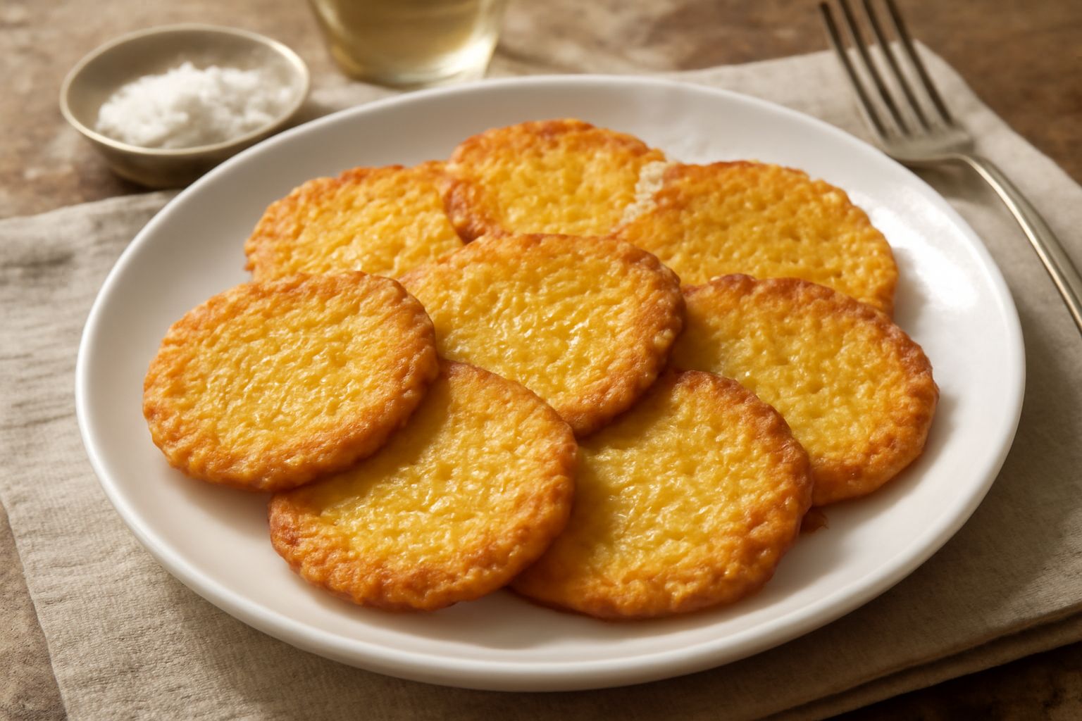 Ciappe dorate e croccanti in un piatto bianco, ancora fumanti, con una leggera doratura, servite con un coltello per tagliarle a meta, accompagnate da un bicchiere di latte caldo sullo sfondo