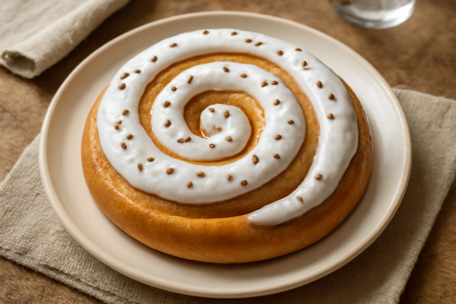 Ciaramicola intera a spirale su un piatto bianco, decorata con glassa di zucchero opaco e anice in grani, sezione di spicchio visibile mostrando l'interno morbido e dorato