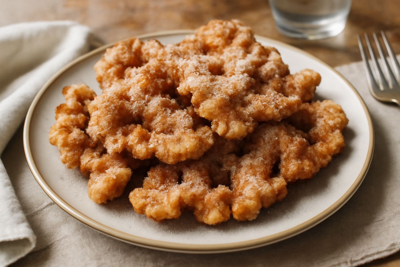 Ciarimboli dorati e croccanti disposti su un piatto bianco, ricoperti di zucchero semolato, con sfogliatelle visibili e una leggera porosità in superficie