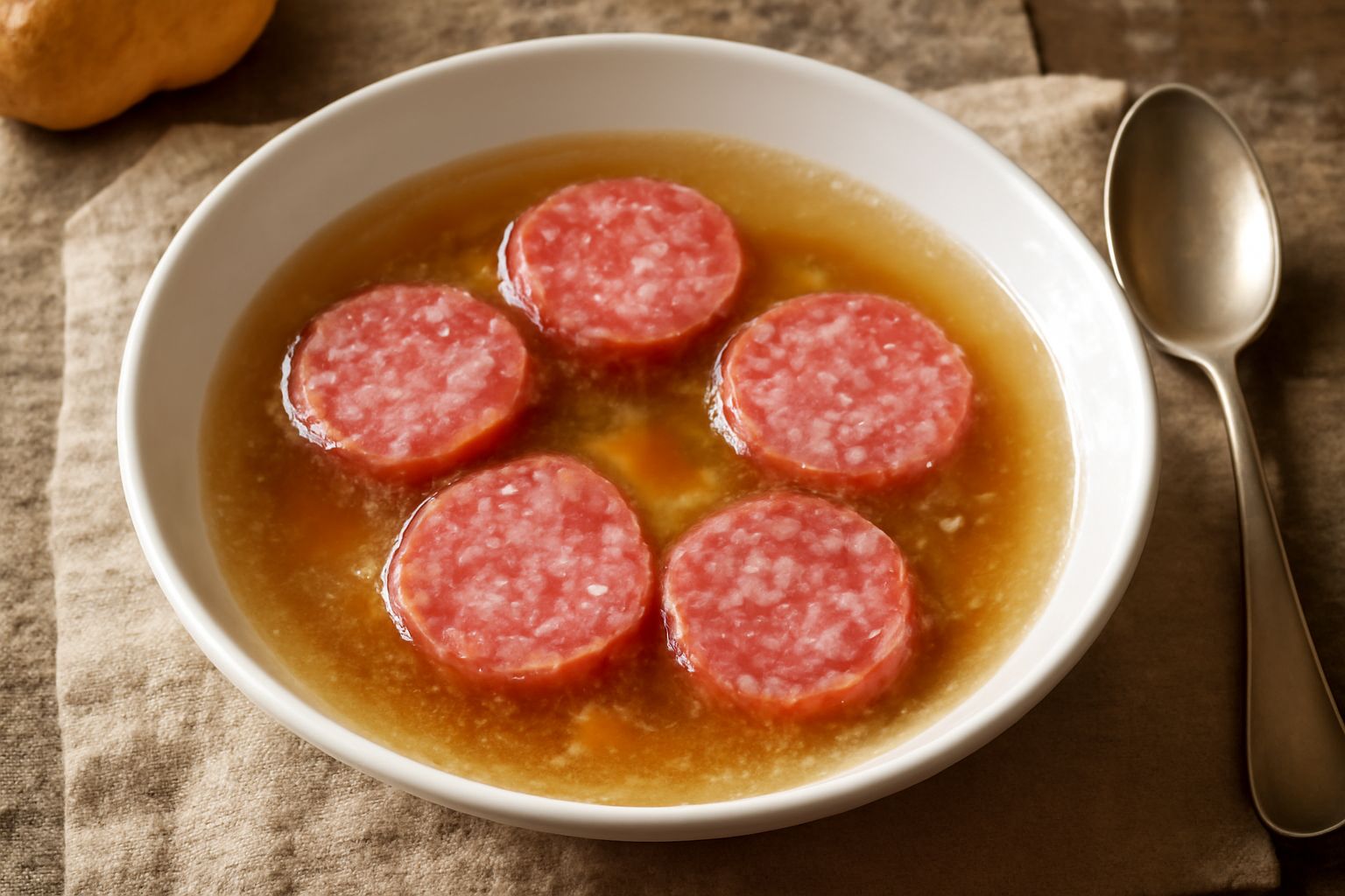 Ciotola di brodo caldo con fette di ciauscolo rosa e marezzate che galleggiano, contornate da verdure tagliate e prezzemolo fresco tritato
