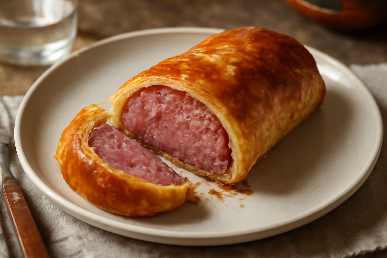 Ciauscolo in crosta dorato appena uscito dal forno, tagliato a fette spesse, la pasta sfoglia croccante e brunita intorno, il ripieno rosa e rosso visibile nella sezione trasversale, adagiato su un pi