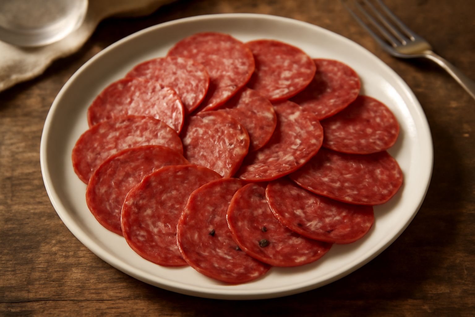 Fette sottili di ciavuscolo leggermente traslucide, rosso scuro con grani di pepe visibili, disposte a ventaglio su piatto bianco con contorno di pane tostato e foglie di rucola