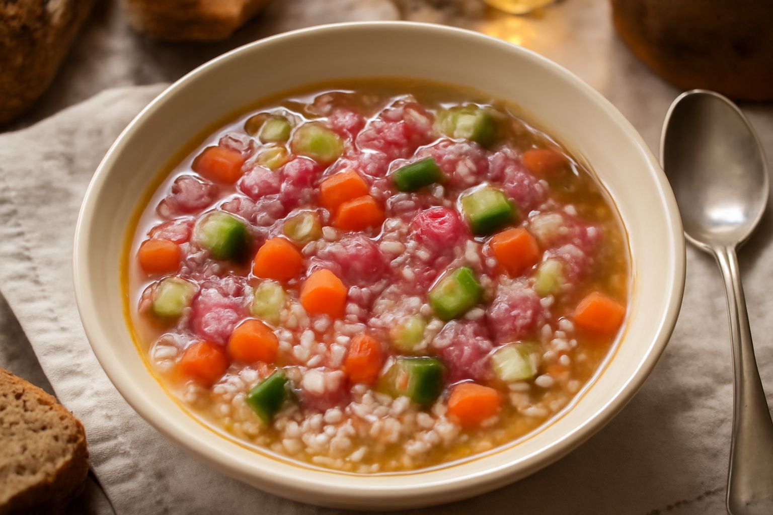 Una ciotola di ceramica bianca con minestra fumante: orzo color beige, zucchina verde tagliata a dadini, carote arancioni, cavolo rosso che colora il brodo, prezzemolo fresco sopra, cucchiaio accanto,