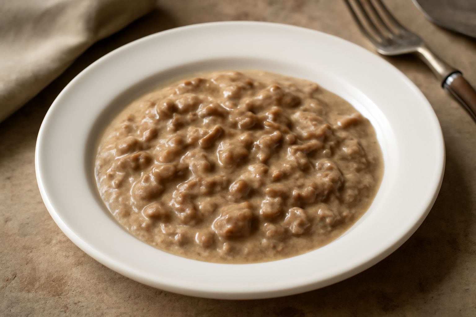 Un piatto fondo bianco con cibrea: frammenti di frattaglie di pollo in salsa cremosa beige, guarnito con prezzemolo fresco, vapore leggero che sale dalla vivanda, contorno di polenta morbida o pane to