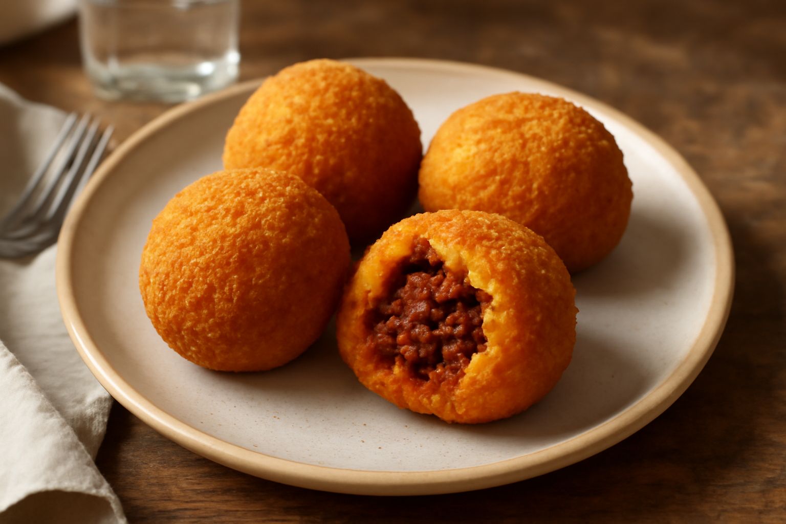 Cicchetti ragusani dorati e croccanti impilati su un piatto bianco, spaccati per mostrare il ripieno di ragù marrone scuro all'interno, con qualche goccia d'olio ancora visibile sulla superficie.